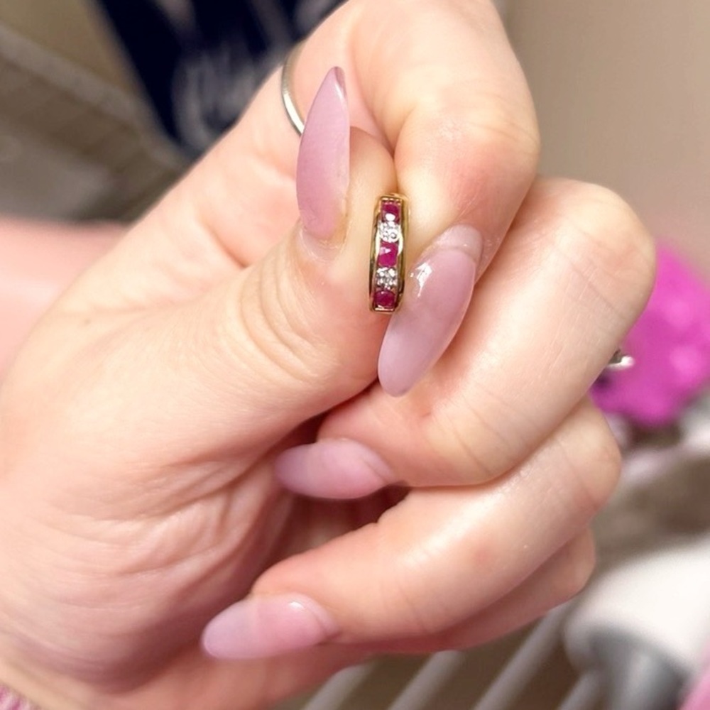 10k Solid Gold Ruby & Diamond J Style Huggie Earr… - image 3